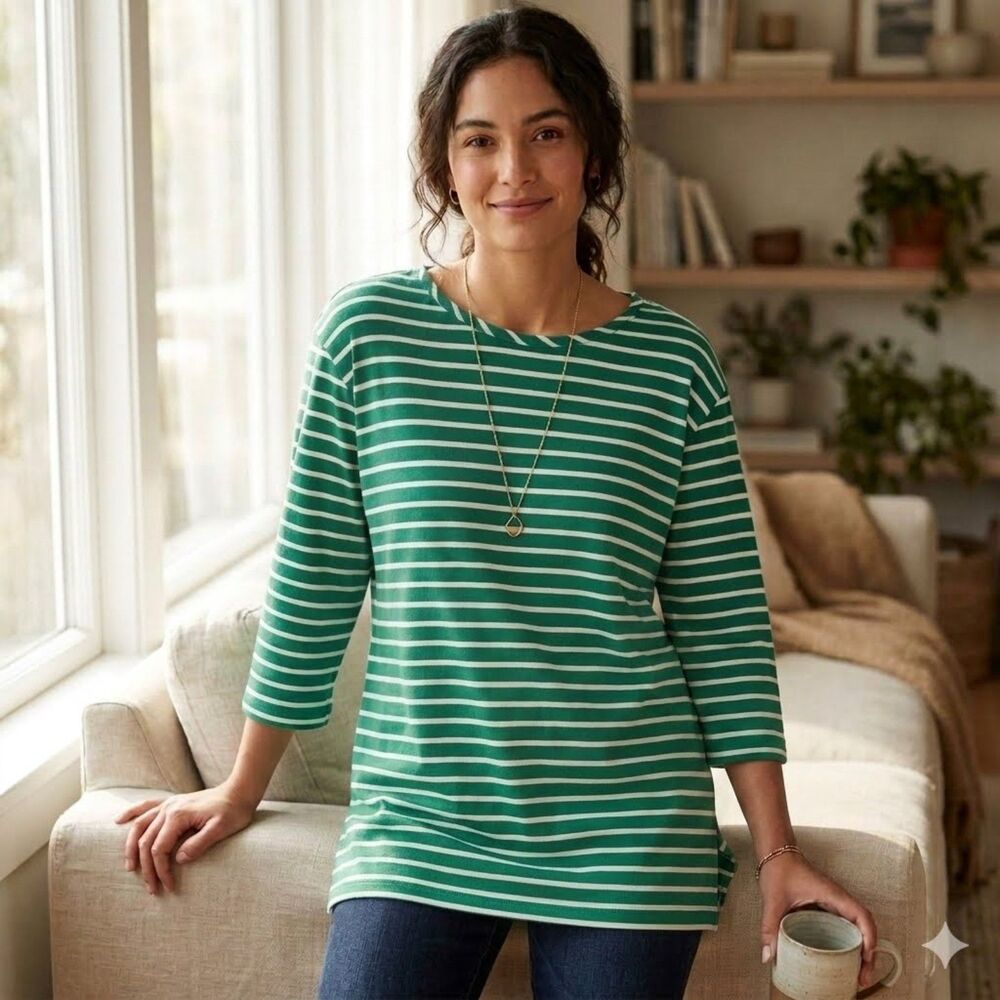 American Sweetheart Green White Striped Top Womens XX 3/4 Sleeve Preppy